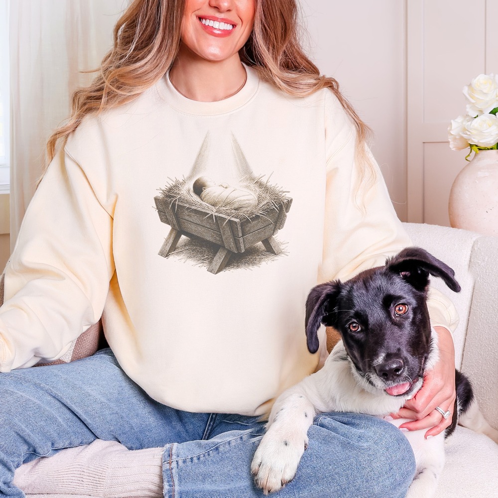 Christ Child Resting in the Manger Nativity Sweatshirt